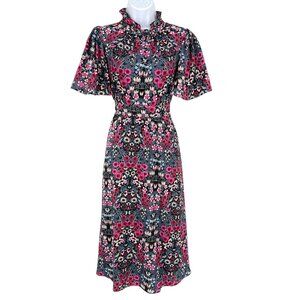 Julia Jordan Floral Ruffle Neck Flutter Sleeve Midi Dress Black Multi Size 2